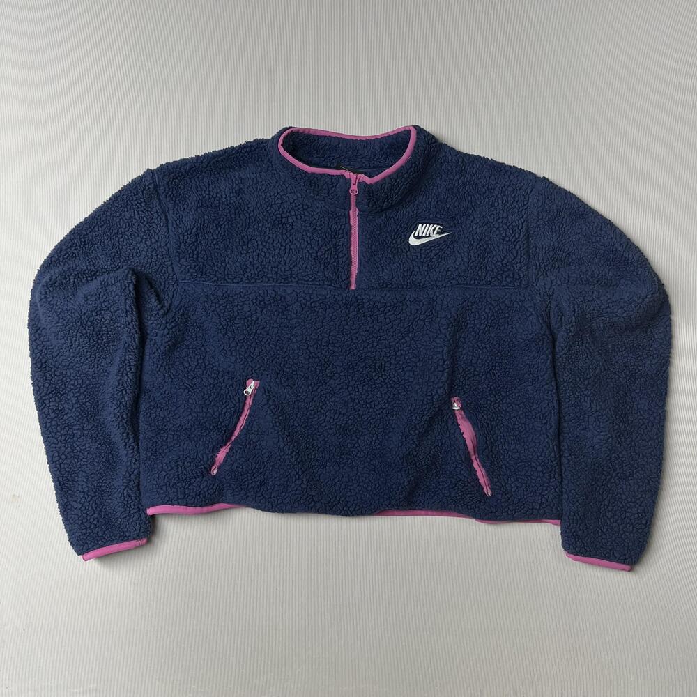 Nike Jacket Womens 1X Blue Sherpa Fleece 1/4 Zip Pullover Zipper Pockets Pink